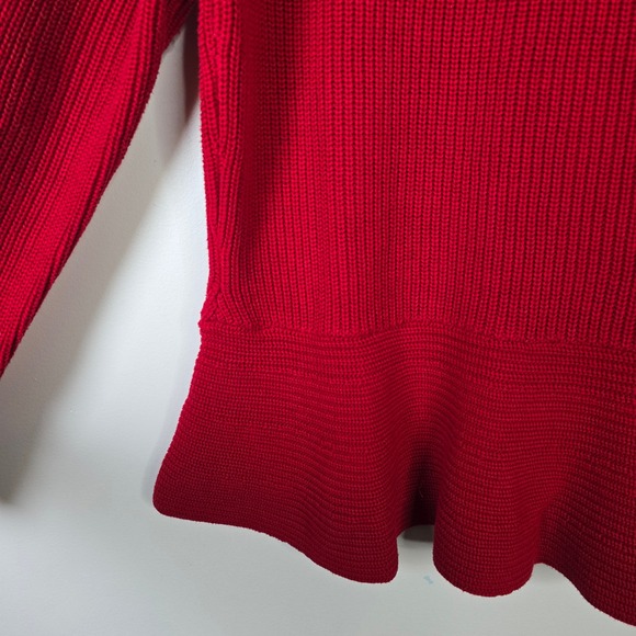 Ralph Lauren Red Ribbed Knit Peplum Sweater Crew Neck Button Shoulder Cotton XL - Picture 4 of 5